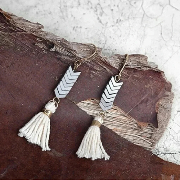 Chevron Tassel Earrings Boho Stone Hematite - Picture 2 of 8